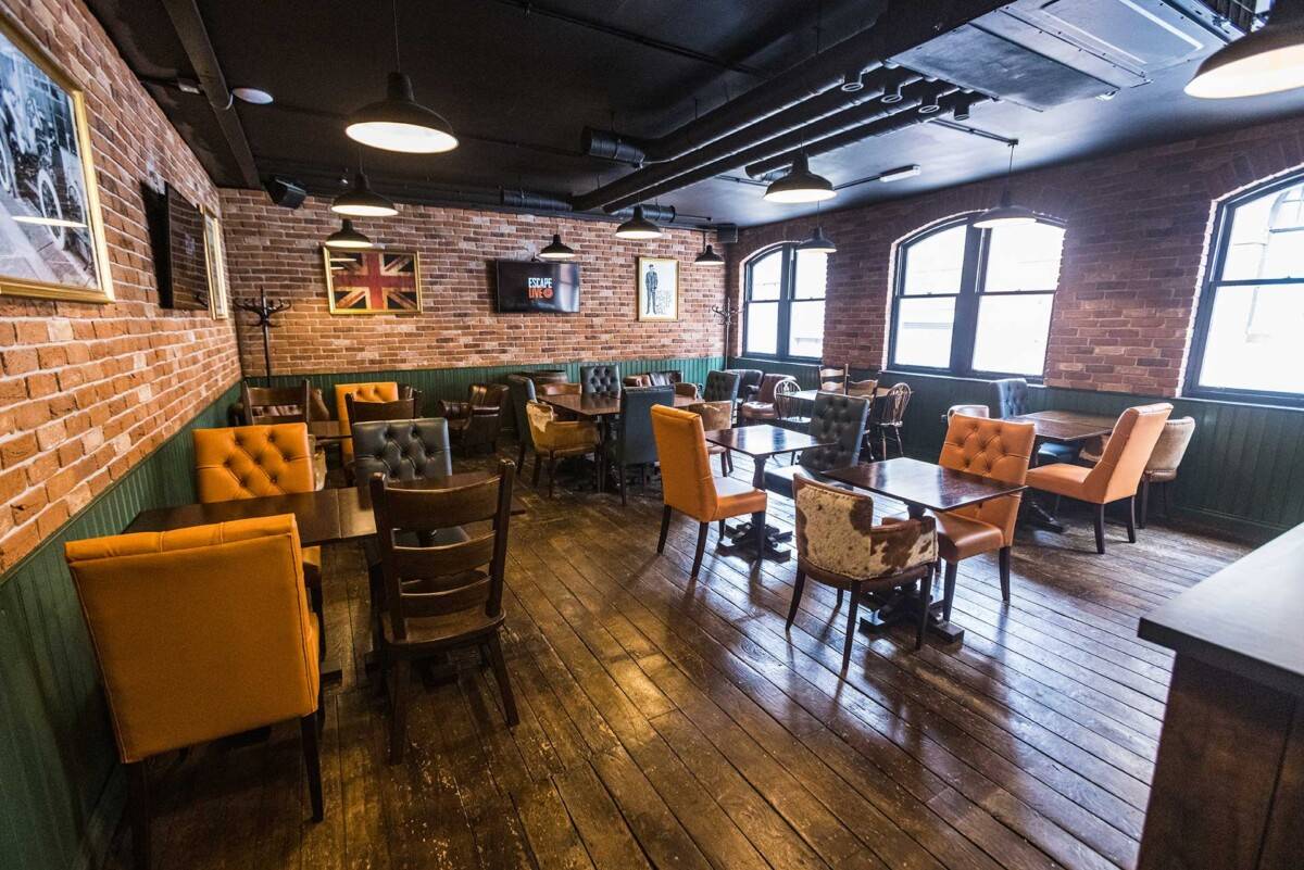 1920s themed speakeasy bar with tables and chairs