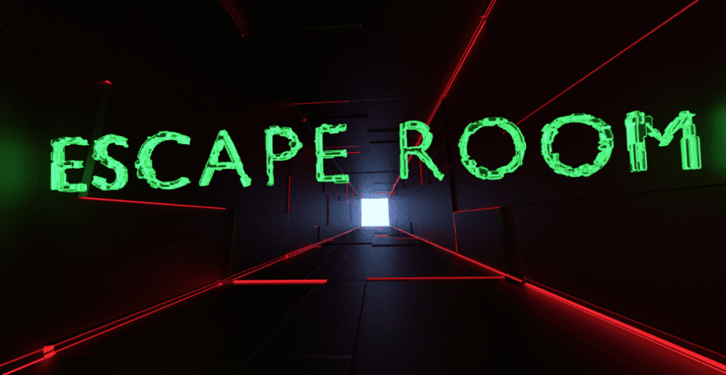dark corridor with bright green floating 'escape room' letters