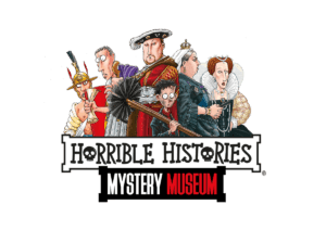 romans, henry viii, queen victoria, queen elizabeth I and a chimney sweep behind the horrible histories mystery museum logo
